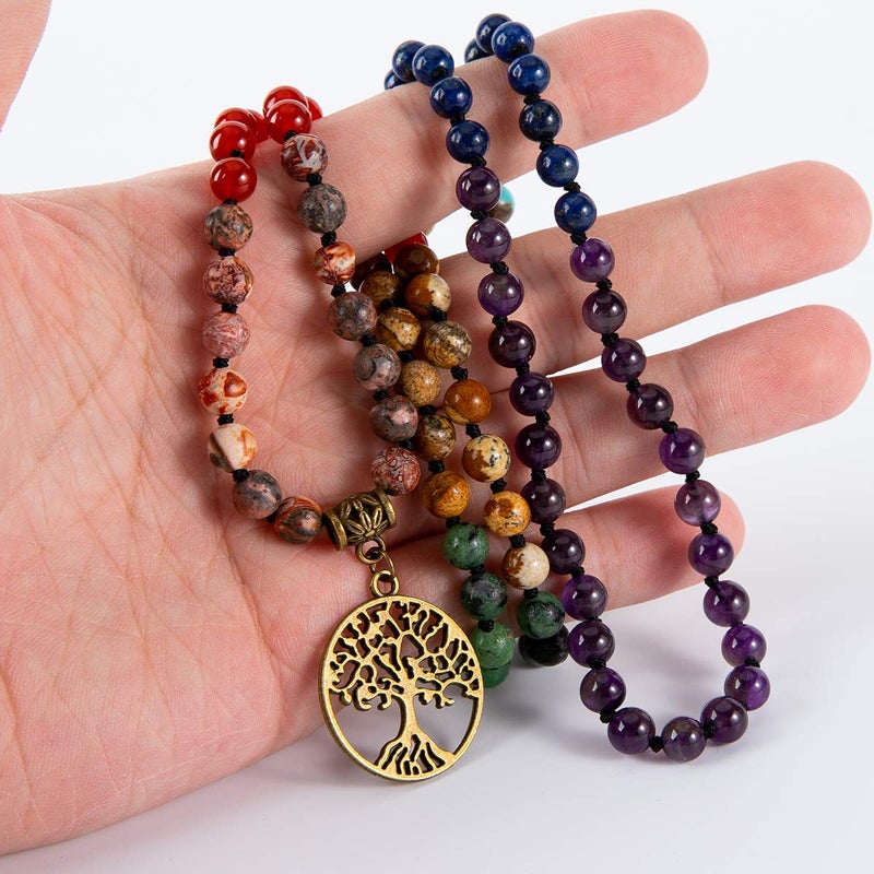 Bivei 7 Chakra 108 Mala Beads Bracelet Real Gemstone Yoga Meditation Hand Knotted Mala Prayer Bead Necklace(Life Tree-6mm beads) - Image 4